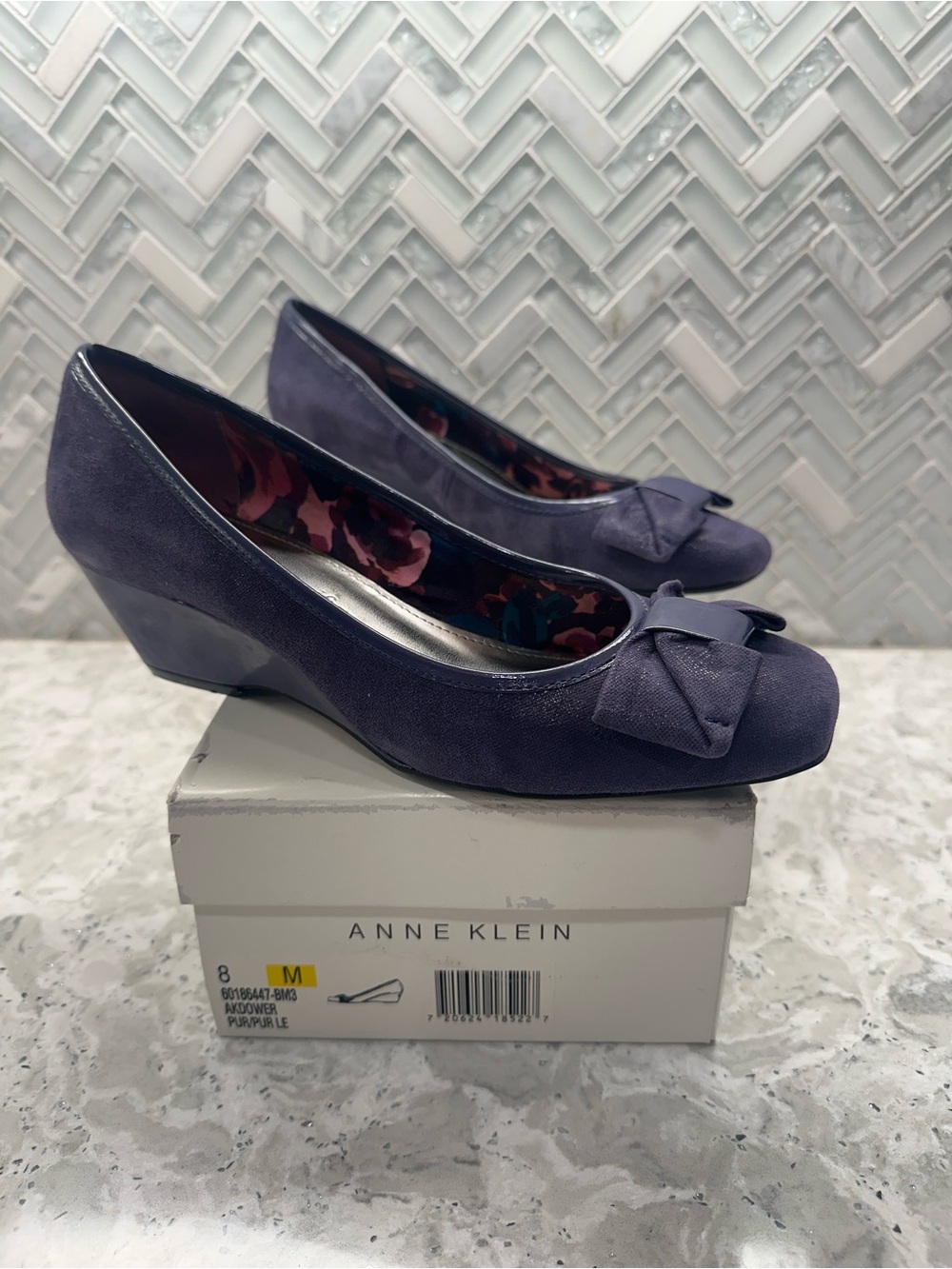 Anne Klein Women's Purple Suede Low Wedge Pumps with Bow